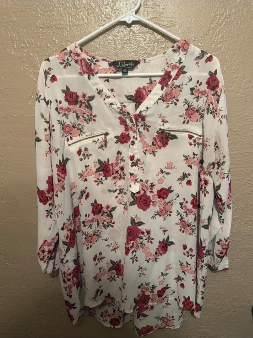 Justify White Floral V-Neck Button-Placket Blouse with Pink Rose Print